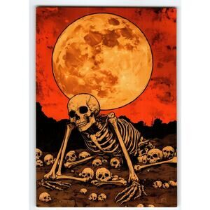 Vintage Halloween Postcard Skeleton & Full Moon Photochrome 5.5x4"